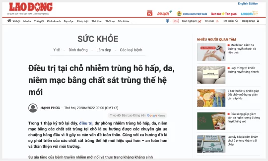 [Báo Lao Động] Điều trị tại chỗ nhiễm trùng hô hấp, da, niêm mạc bằng chất sát trùng thế hệ mới